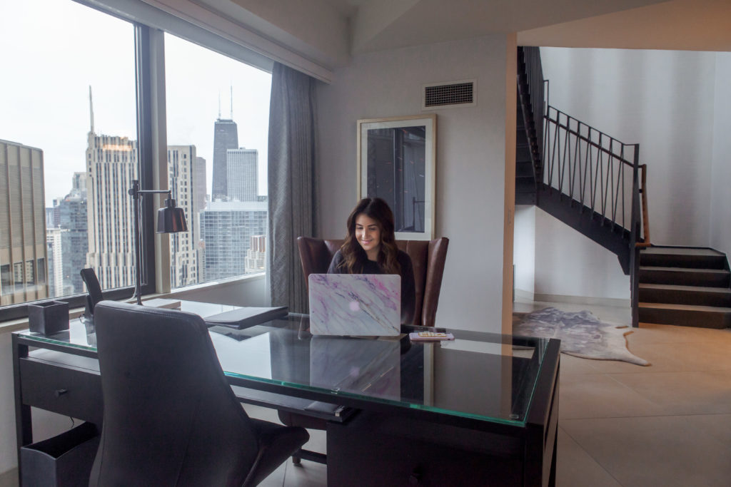 Office area at Swissôtel overlooking Chicago views