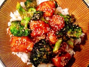Honey Sesame Chicken and Broccoli over Jasmine Rice